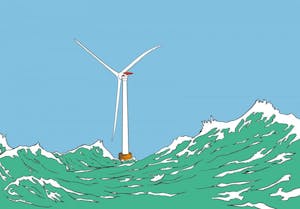 Illustration of a wind turbine stationed between two large waves