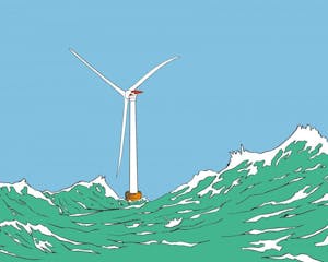 Illustration of a wind turbine stationed between two large waves