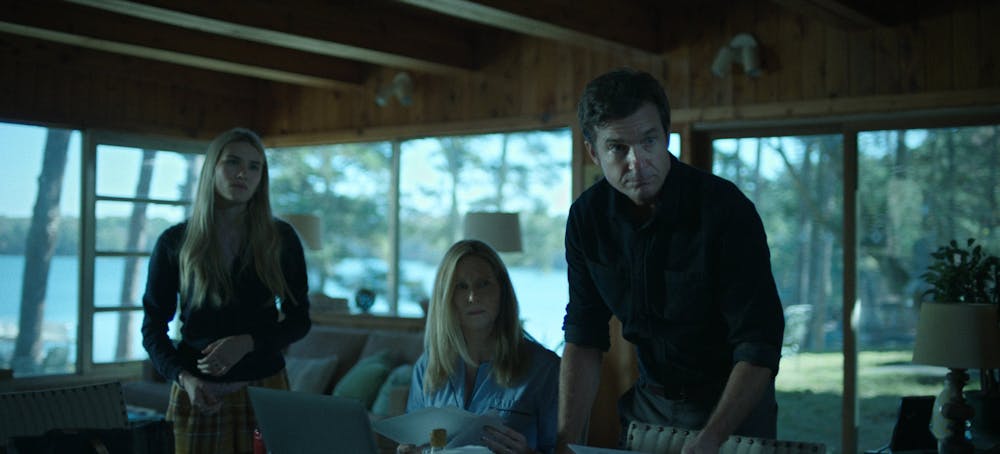 <p>Ozark. (L to R) Sofia Hublitz as Charlotte Byrde, Laura Linney as Wendy Byrde, Jason Bateman as Martin &#x27;Marty&#x27; Byrde in episode 402 of Ozark. Cr. </p><p>Courtesy Of Netflix © 2021</p>