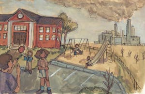An illustration of a red schoolhouse with students playing outside on the playground and in the background there are multiple industrial sites emitting toxic gas.