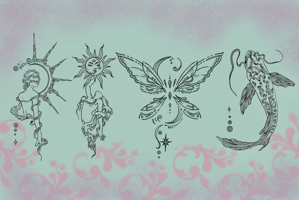 Illustration of the initialism RISD, with each letter stylized as a tattoo.