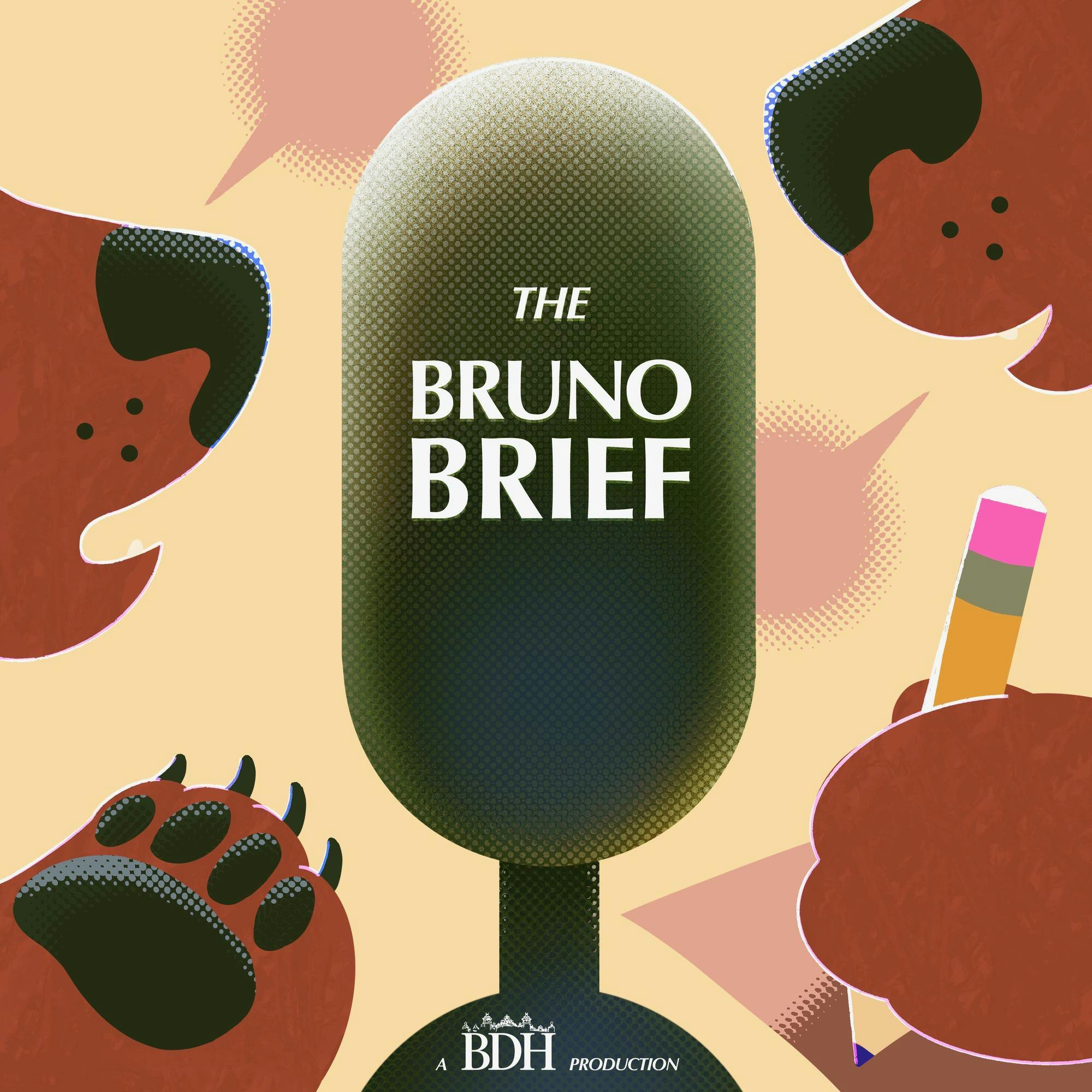 An illustration of two bears talking into a microphone with the text "The Bruno Brief" over it in white.
