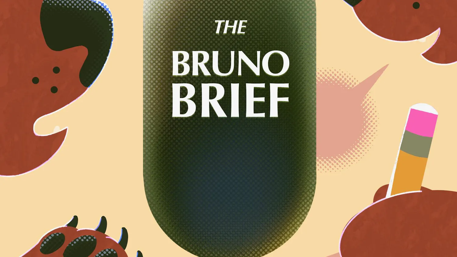An illustration of two bears talking into a microphone with the text "The Bruno Brief" over it in white.