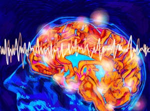 Illustration of the brain’s anatomy. The background and face are a deep blue and the brain has a bright orange glow. A brainwave goes across the whole image. 
