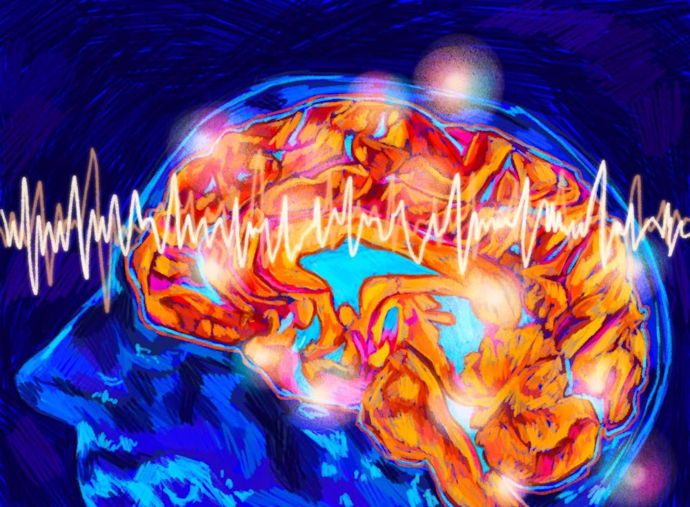 Illustration of the brain’s anatomy. The background and face are a deep blue and the brain has a bright orange glow. A brainwave goes across the whole image. 
