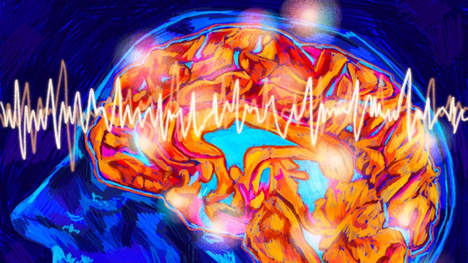 Illustration of the brain’s anatomy. The background and face are a deep blue and the brain has a bright orange glow. A brainwave goes across the whole image.
