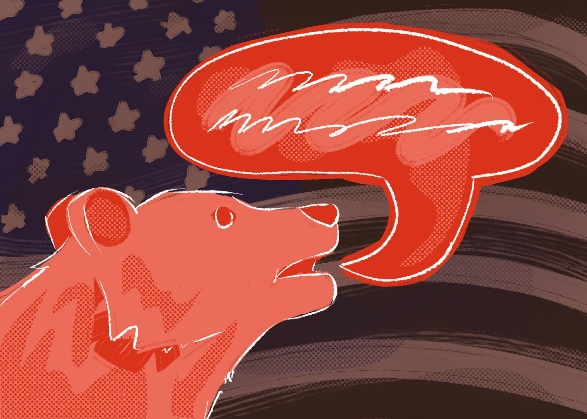 Illustration showing the head of a red bear speaking with a red speech bubble above its head against a gray-toned American flag background. 