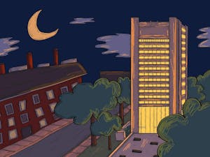 Illustration of Brown University Science Library during the night.

