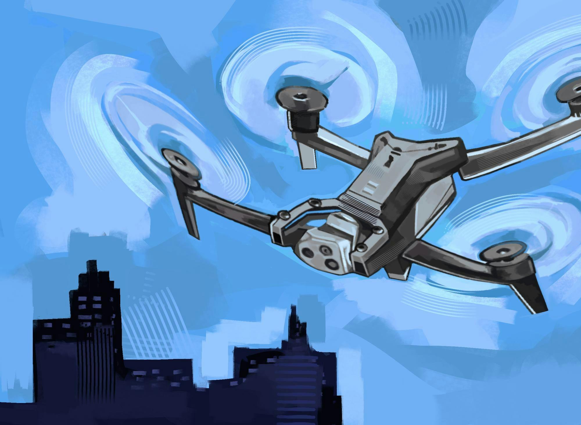An illustration of a surveillance drone flying over city buildings.