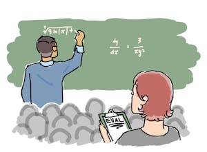 A drawing of a professor writing equations on a chalkboard in front of a class of students. The picture is focused on a person who sits behind the rest of the class, taking notes on a clipboard that reads "EVAL."