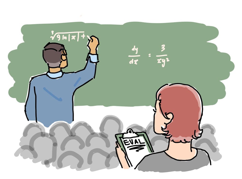 A drawing of a professor writing equations on a chalkboard in front of a class of students. The picture is focused on a person who sits behind the rest of the class, taking notes on a clipboard that reads "EVAL."