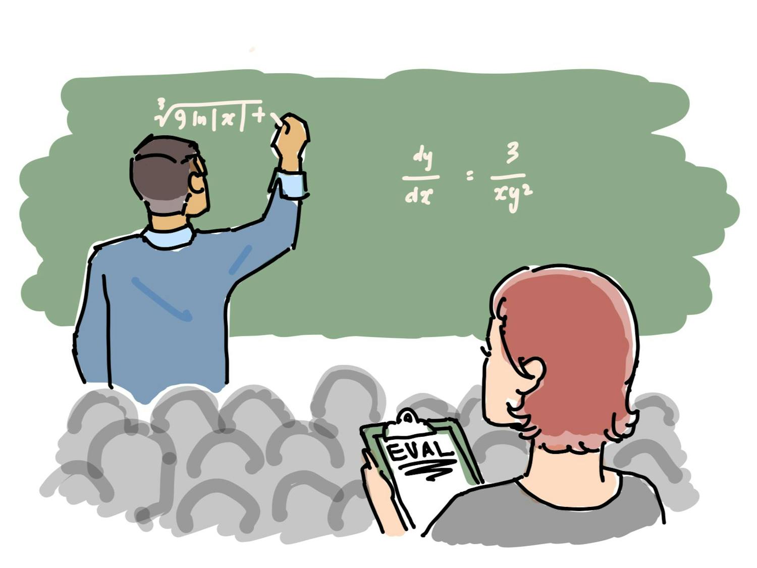 A drawing of a professor writing equations on a chalkboard in front of a class of students. The picture is focused on a person who sits behind the rest of the class, taking notes on a clipboard that reads "EVAL."