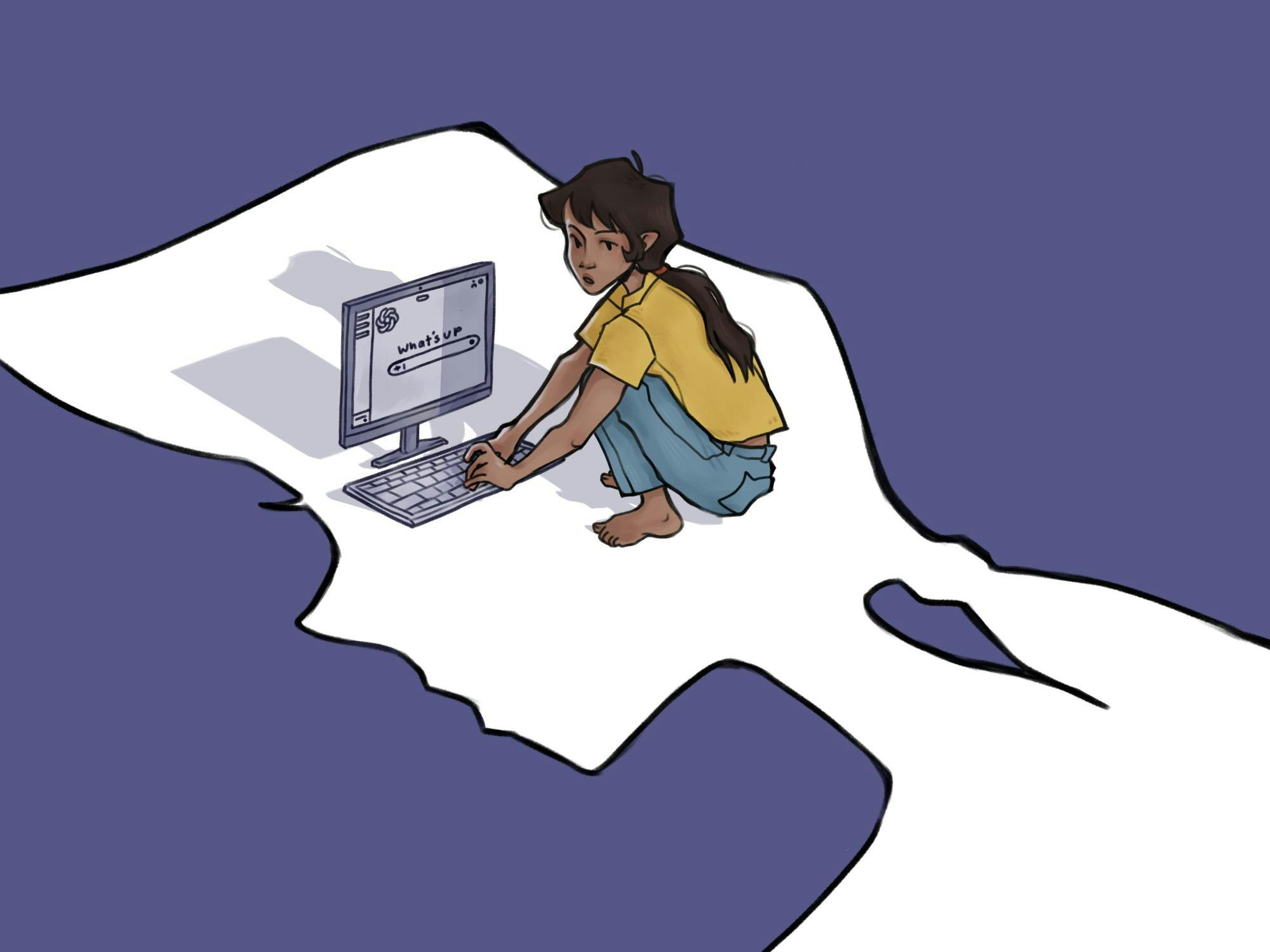 A girl with brown hair and a ponytail in a yellow shirt and jeans sits crouched, typing on a computer. The area she sits in is bordered in the shape of her side profile. 