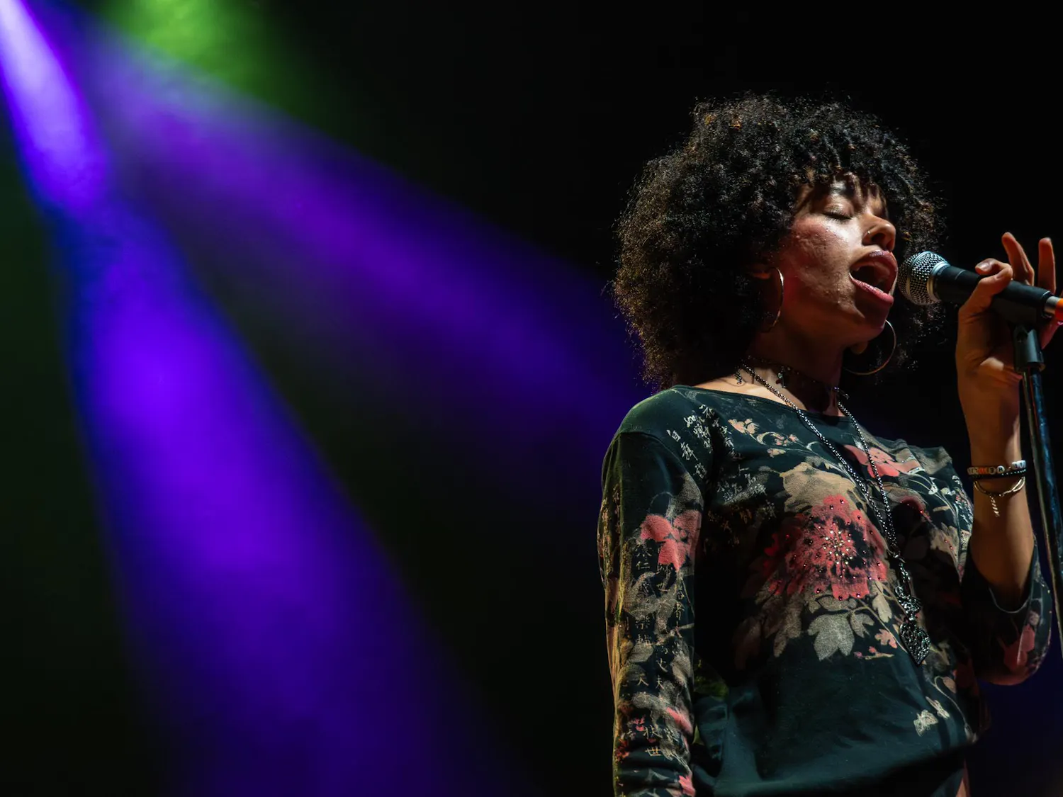 A woman with curly hair holds a microphone, illuminated by purple and green stage lights.