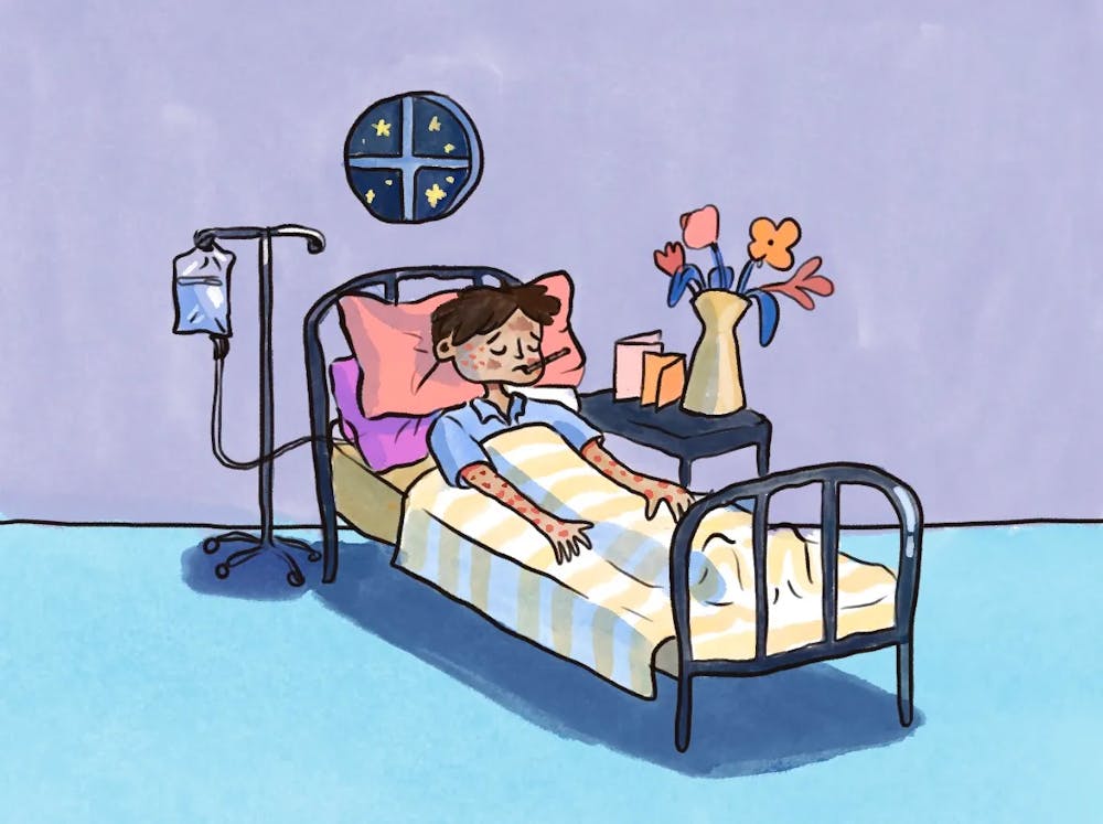 An illustration of a sad-looking boy in bed with a thermometer in his mouth and red measles bumps on his arms and cheeks.
