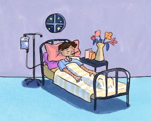 An illustration of a sad-looking boy in bed with a thermometer in his mouth and red measles bumps on his arms and cheeks.