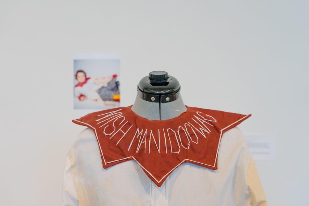 <p>The exhibit showcases a wide variety of artwork, ranging from garments of clothing to statues and paintings, including the above works created by Sebastian Immonen ’23 and Laney Day ’23.</p>