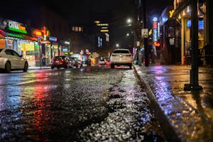 Photo of a rainy street at night. 