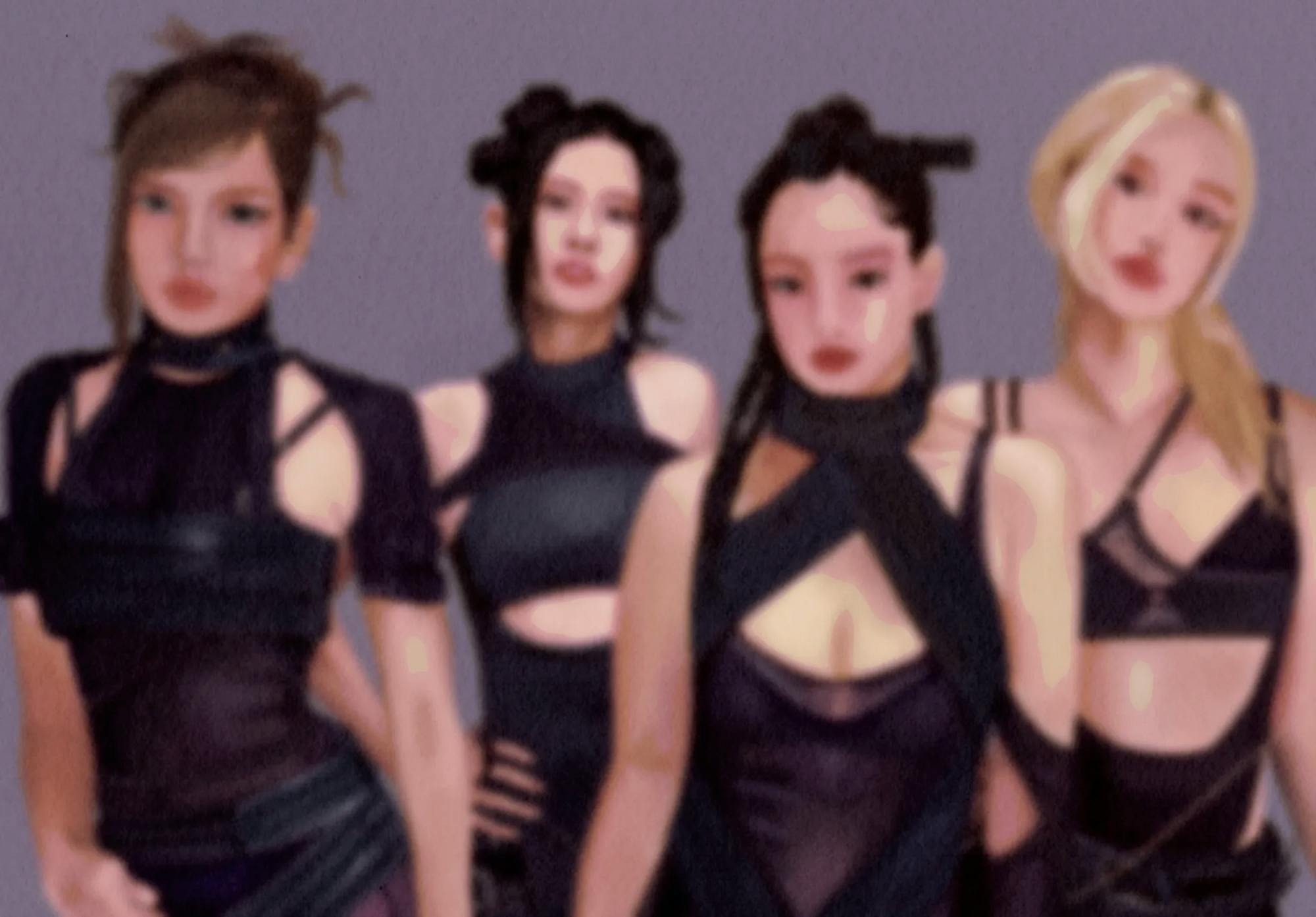 Four women in black outfits and styled hair are illustrated against a gray background. 

