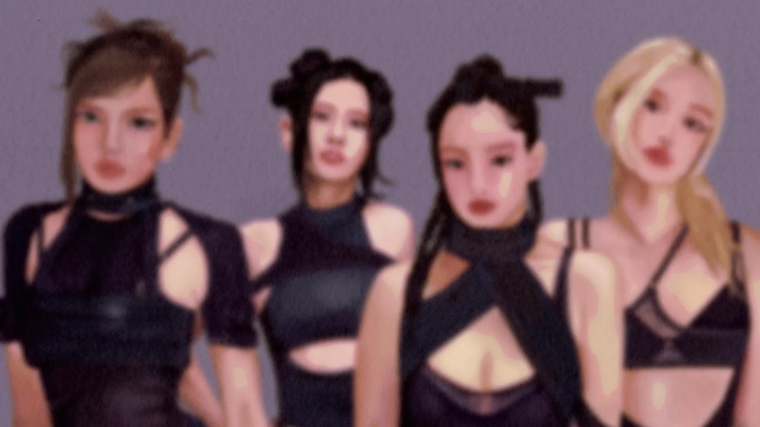 Four women in black outfits and styled hair are illustrated against a gray background.