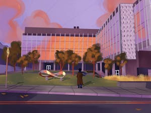 An illustration of a glass building with an infinity sign statue in the front and a person looking at these structures. 