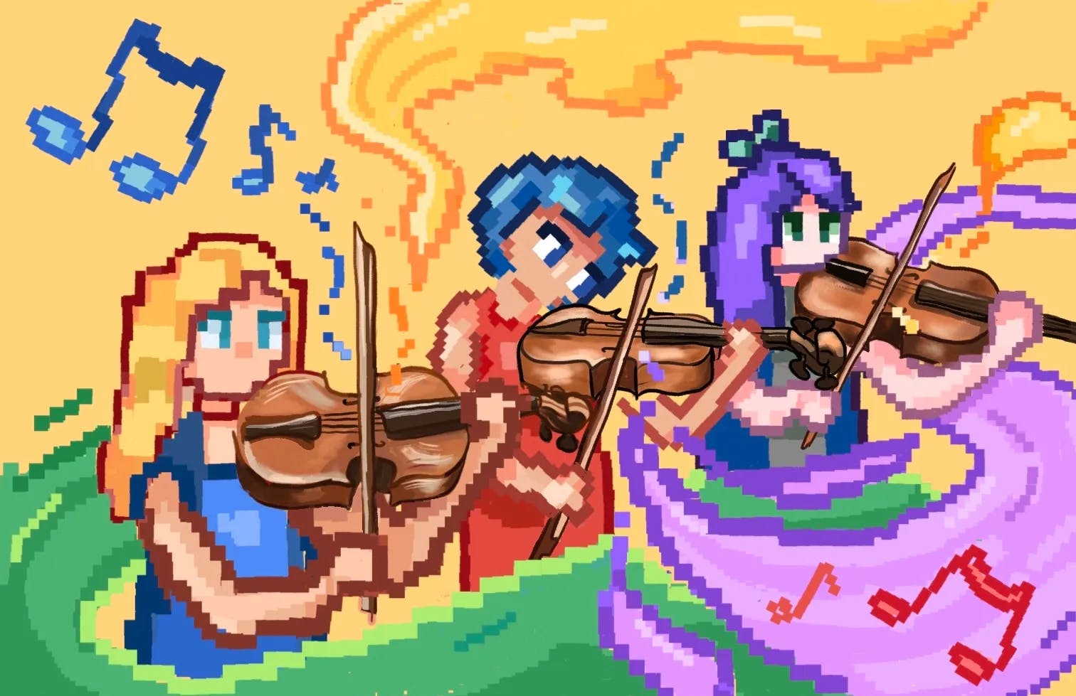 An illustration of three pixelated characters with multicolored hair playing violins.