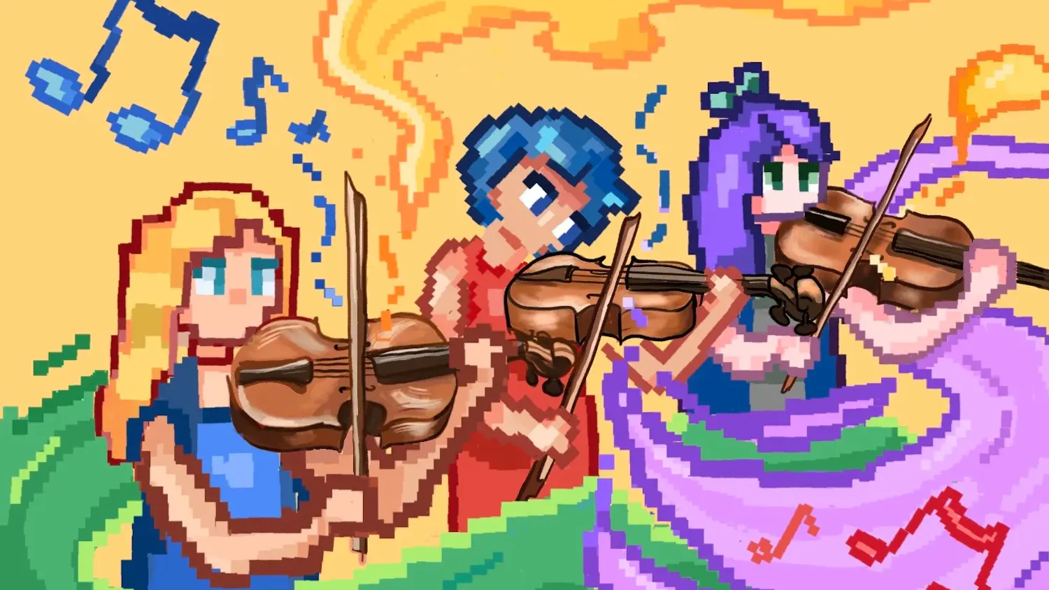 An illustration of three pixelated characters with multicolored hair playing violins.