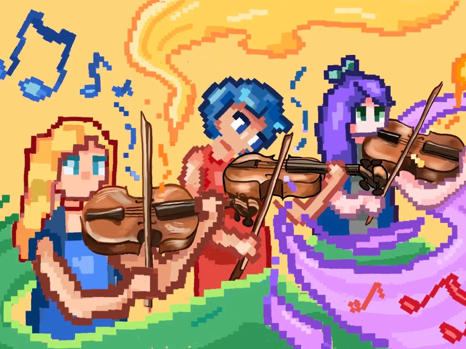 An illustration of three pixelated characters with multicolored hair playing violins.