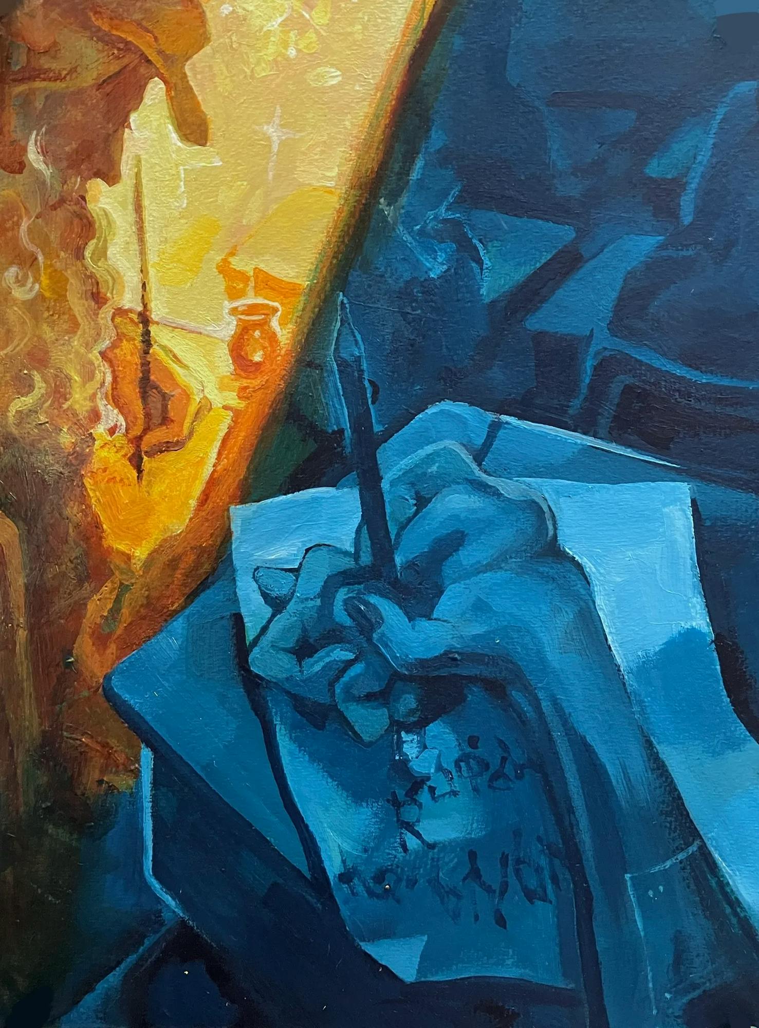 Illustration of a blue hand writing something on a piece of paper