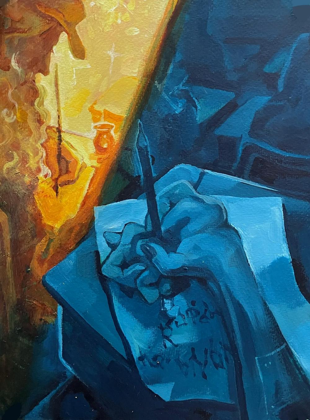 Illustration of a blue hand writing something on a piece of paper