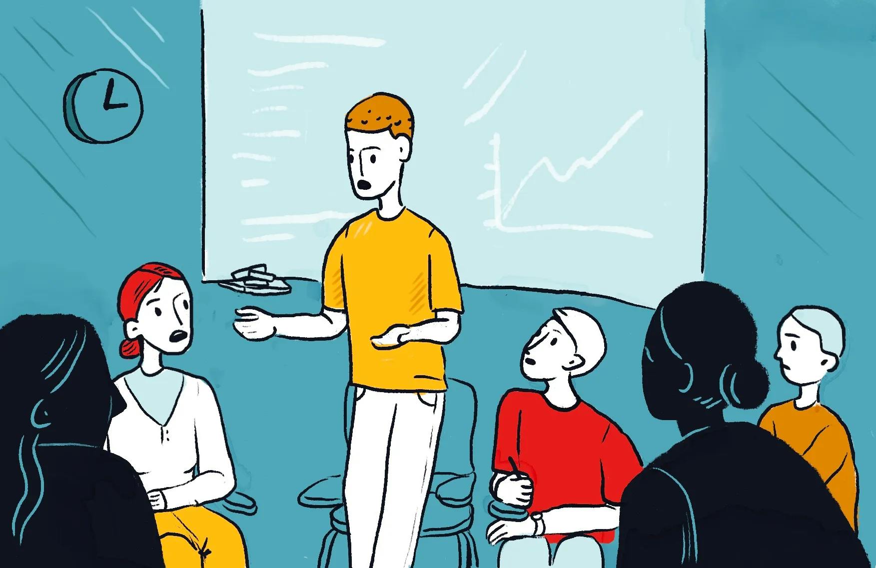 An illustration of a man in a yellow shirt speaking to a group of five students in front of a white board with a graph on it.