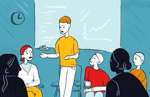 An illustration of a man in a yellow shirt speaking to a group of five students in front of a white board with a graph on it.