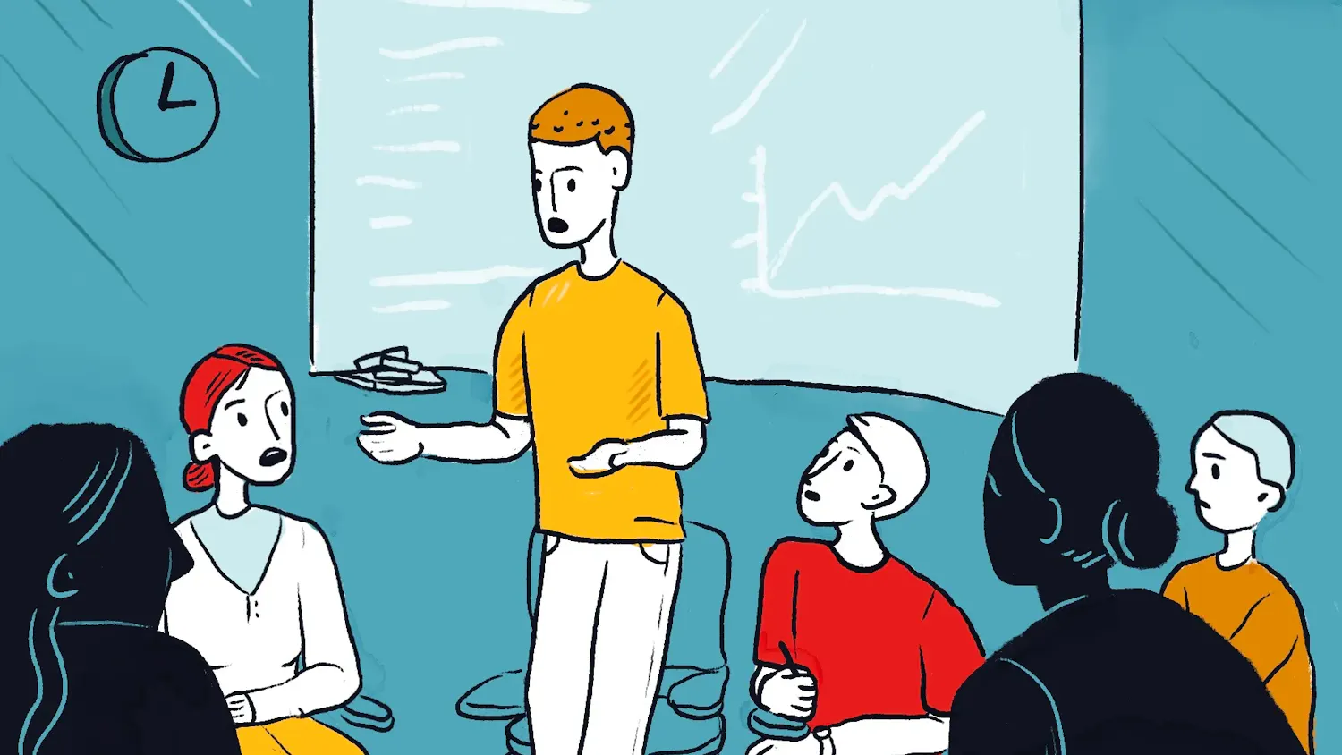 An illustration of a man in a yellow shirt speaking to a group of five students in front of a white board with a graph on it.