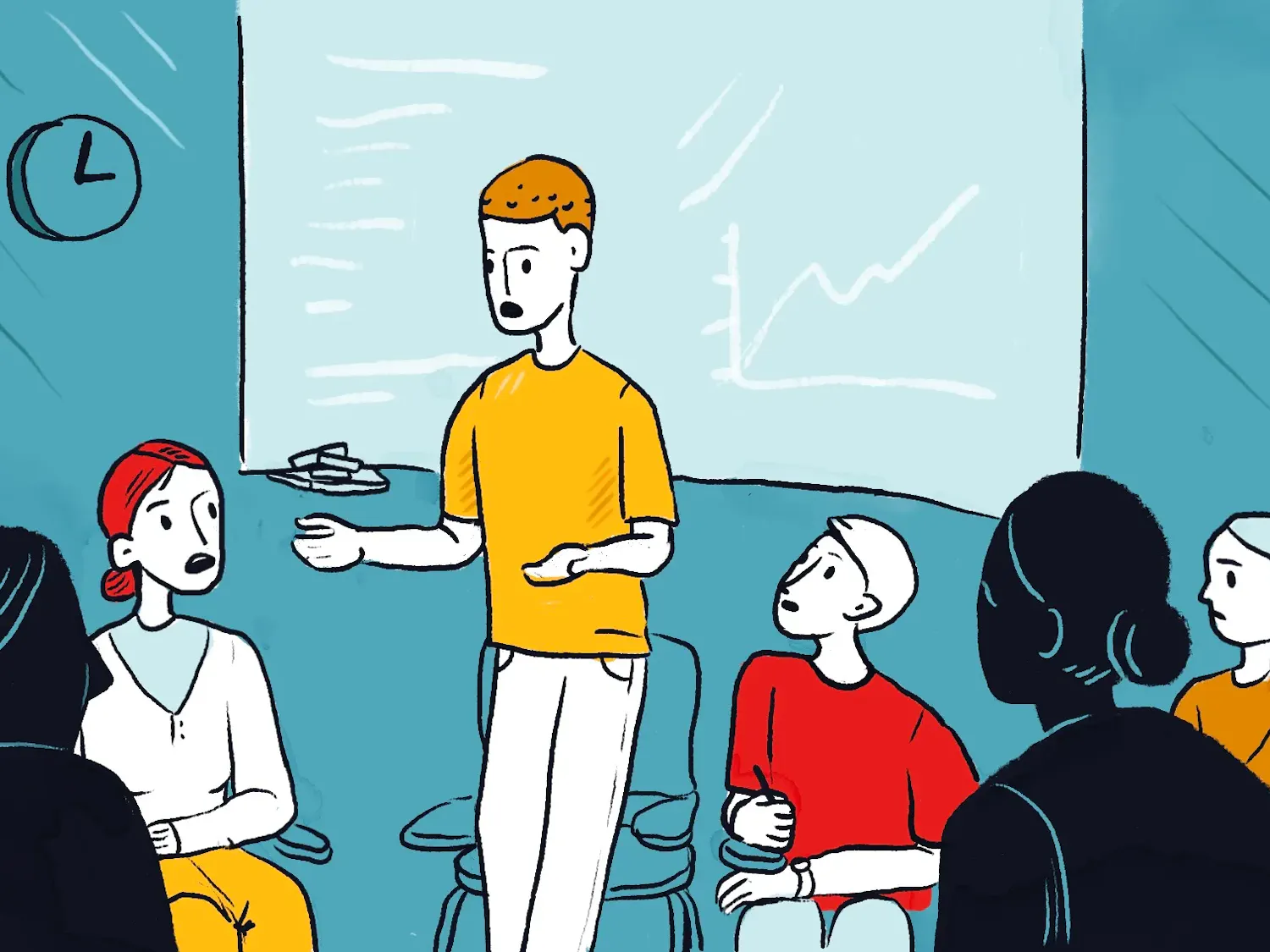 An illustration of a man in a yellow shirt speaking to a group of five students in front of a white board with a graph on it.