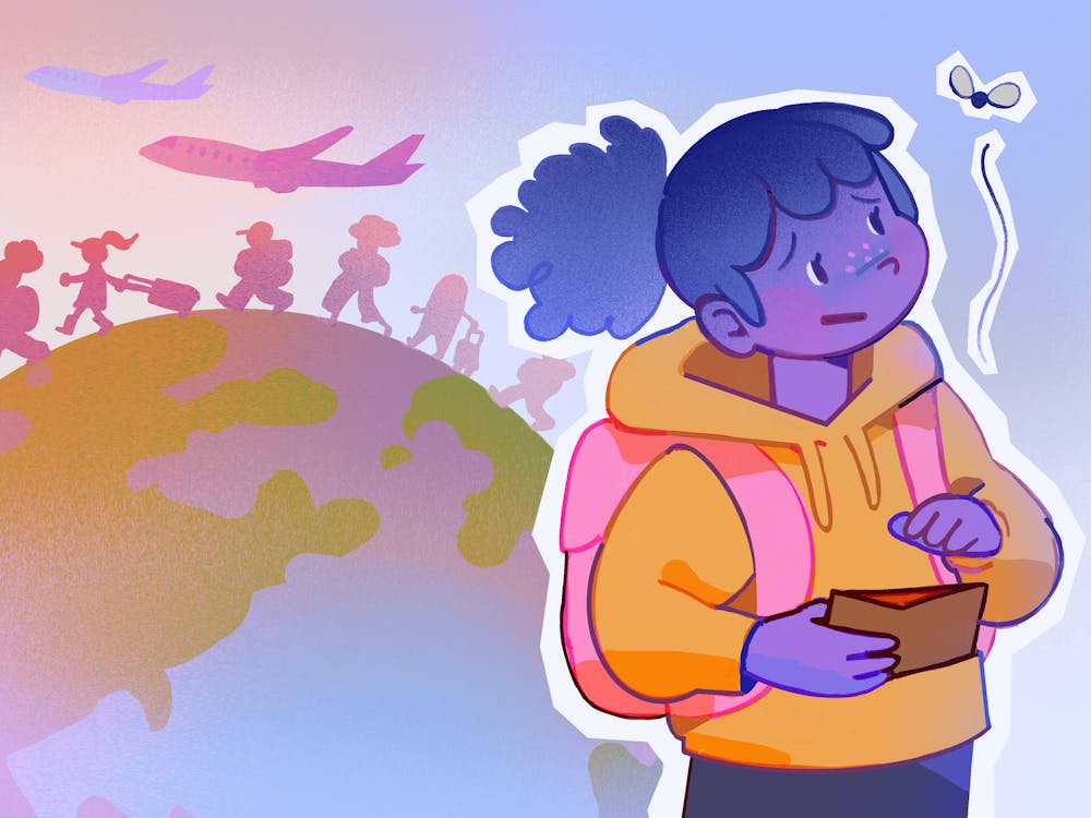 A cartoon illustration of an uncertain purple girl in a yellow hoodie with a cartoon globe backdrop with silhouetted figures walking over and planes flying over the globe.