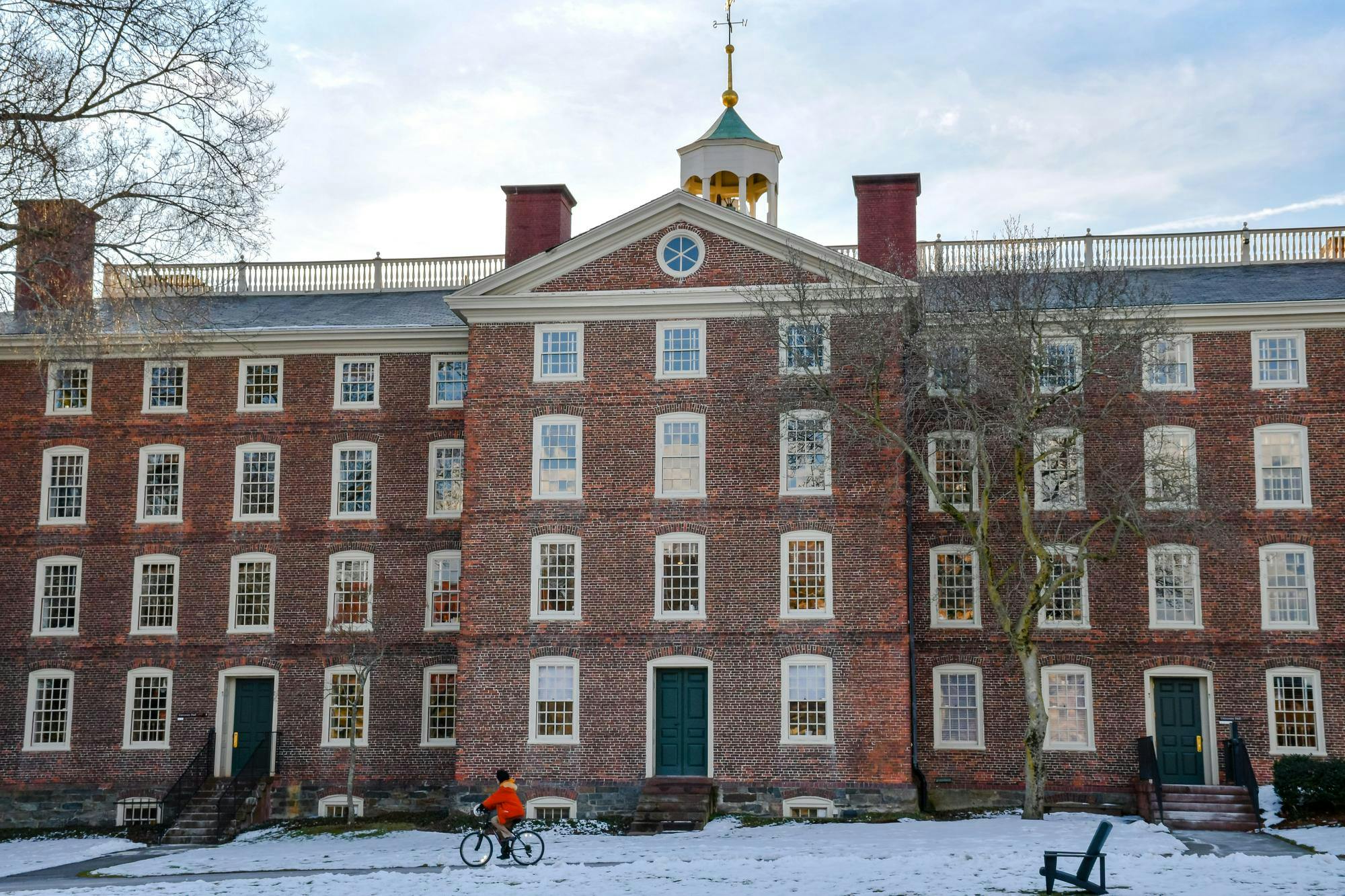 University Hall on an icy, sunny day.