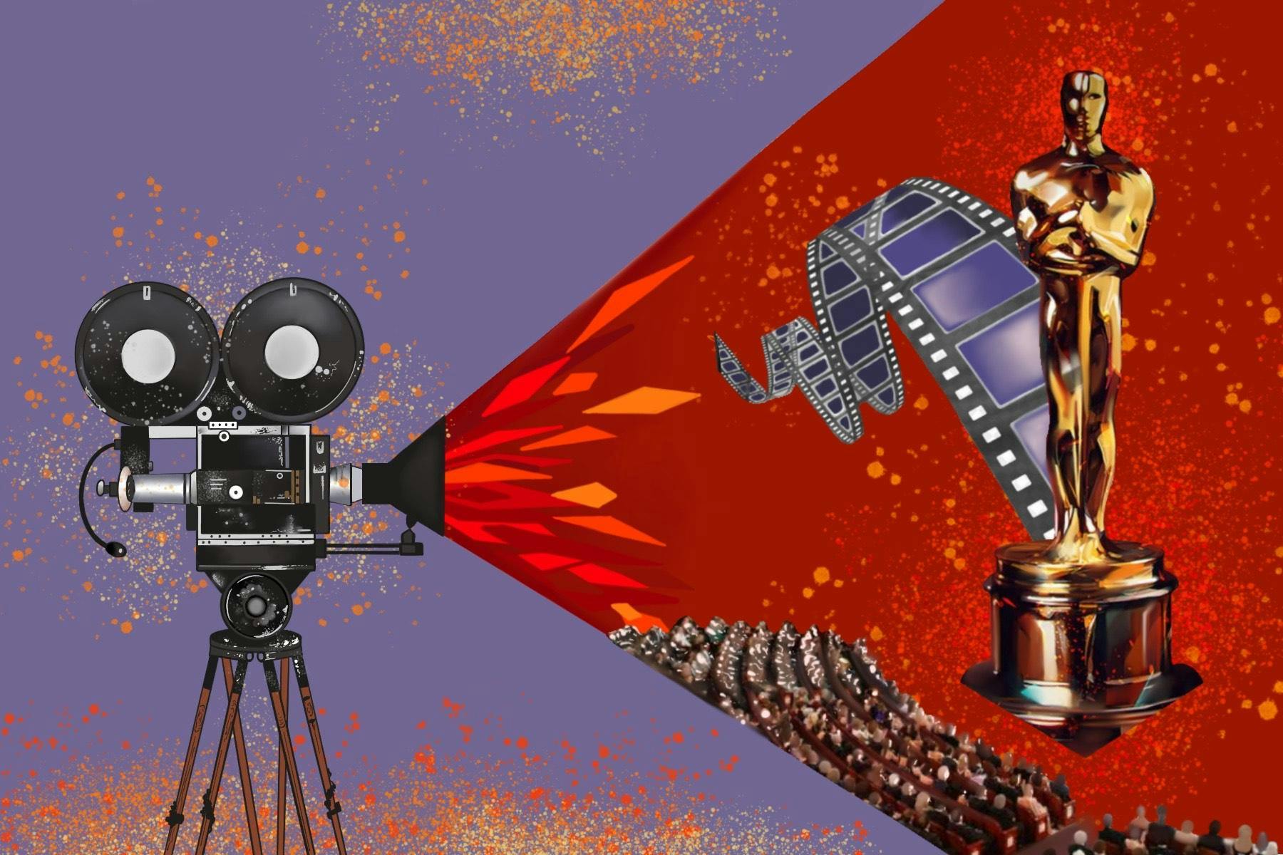 An illustration of an old-fashioned movie camera on a purple background. Coming from the camera's lens is a red triangle, mimicking a light beam. Within the red space there is a golden Oscars statue, old film and an audience. 