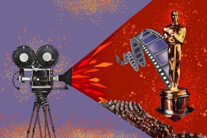 An illustration of an old-fashioned movie camera on a purple background. Coming from the camera's lens is a red triangle, mimicking a light beam. Within the red space there is a golden Oscars statue, old film and an audience.