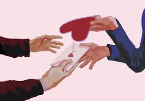 Drawing of two sets of hands exchanging a red cut-out heart and card with a pink background.

