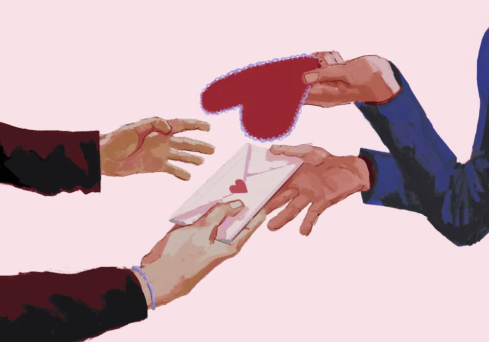 Drawing of two sets of hands exchanging a red cut-out heart and card with a pink background.

