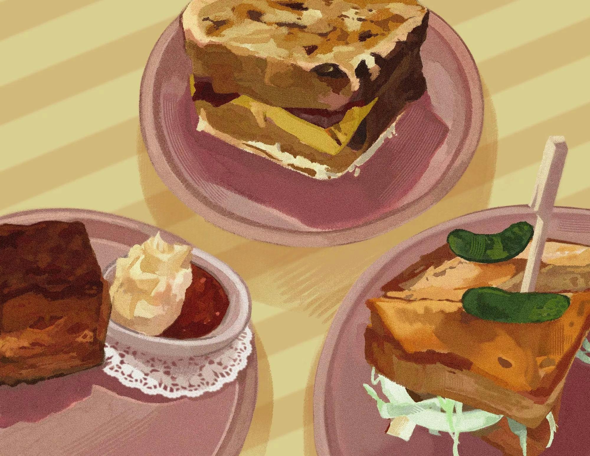 Illustration of three stylized plates of food drawn on muted pink plates on a yellow-striped surface