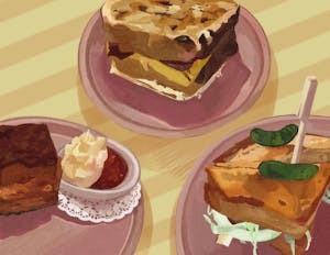 Illustration of three stylized plates of food drawn on muted pink plates on a yellow-striped surface