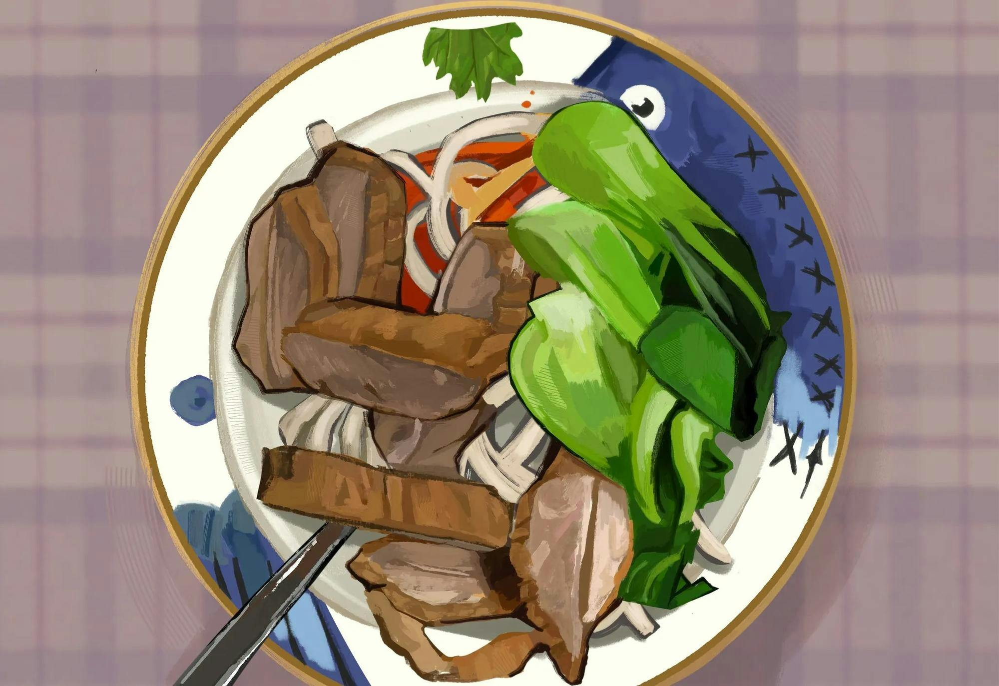 Illustration of meat, bok choy and noodles on a white plate with blue designs.