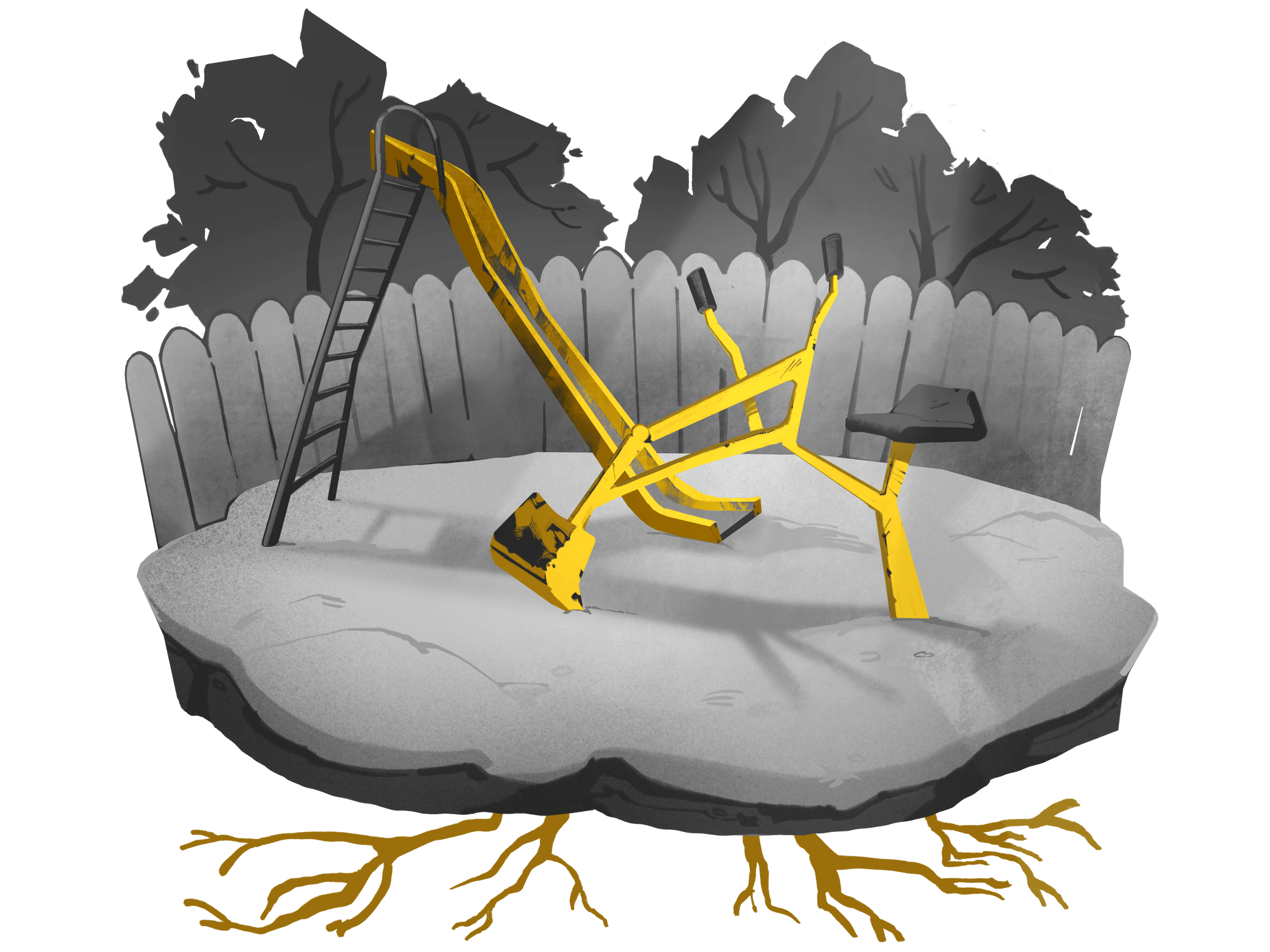 Illustration showing a yellow playground slide and a yellow playground sand digger against a gray background of a fence, trees, and sand. Dark yellow branches reach down from beneath the playground. 