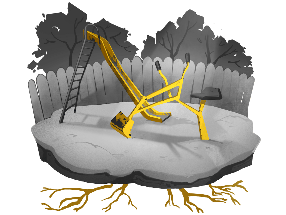 Illustration showing a yellow playground slide and a yellow playground sand digger against a gray background of a fence, trees, and sand. Dark yellow branches reach down from beneath the playground. 
