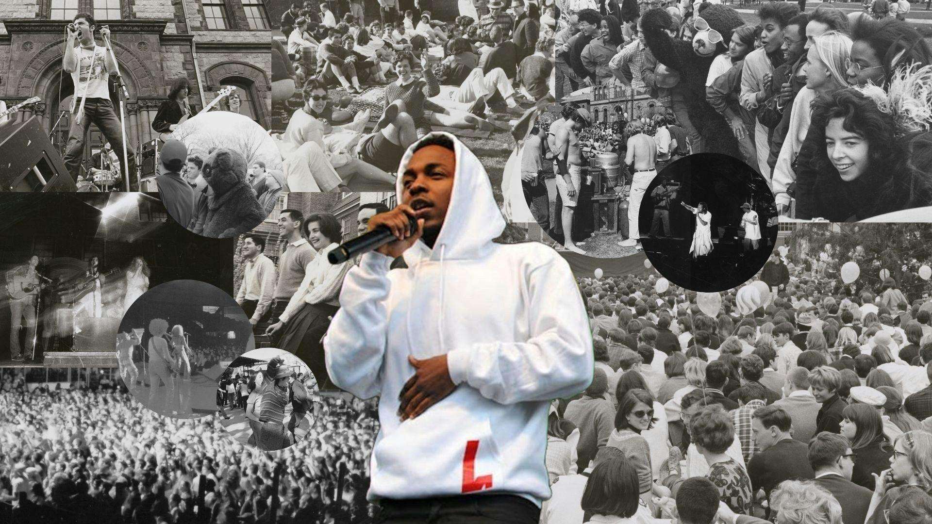 A picture of Kendrick Lamar superimposed on a collage of background images of attendees at Spring Weekend, on Brown University's campus.