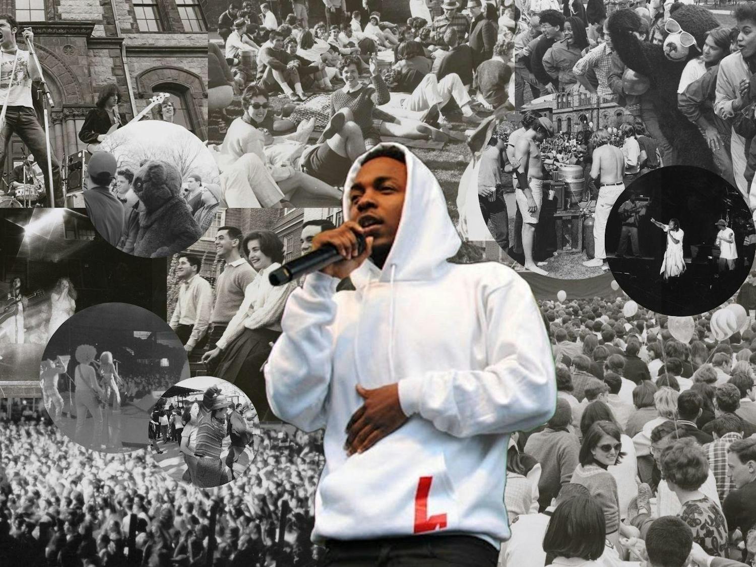 A picture of Kendrick Lamar superimposed on a collage of background images of attendees at Spring Weekend, on Brown University's campus.
