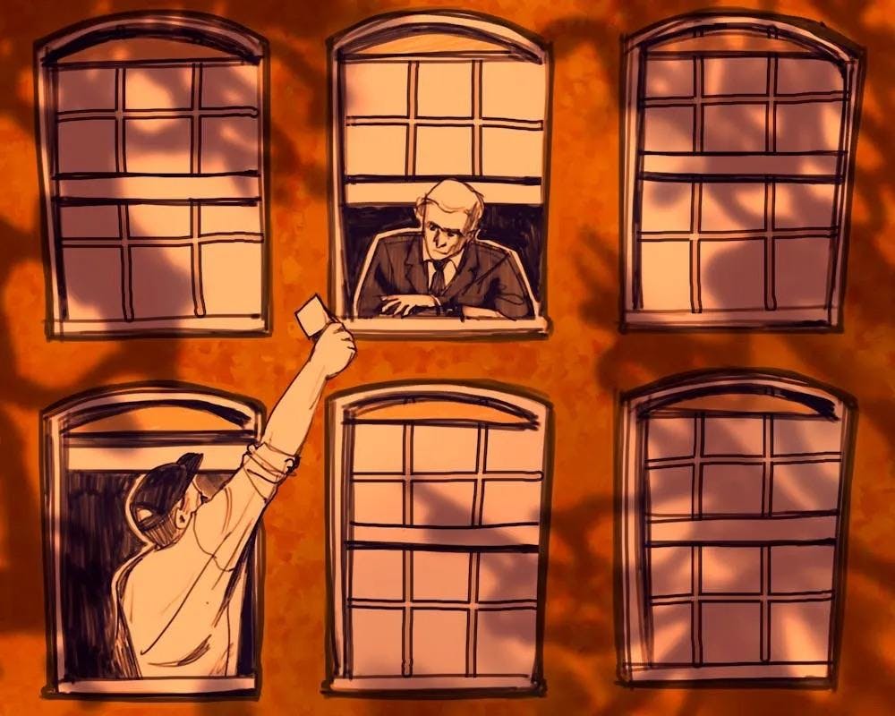 Illustration of a man sticking his head out of a window to hold cash in front of a man leaning out of a window above him. 