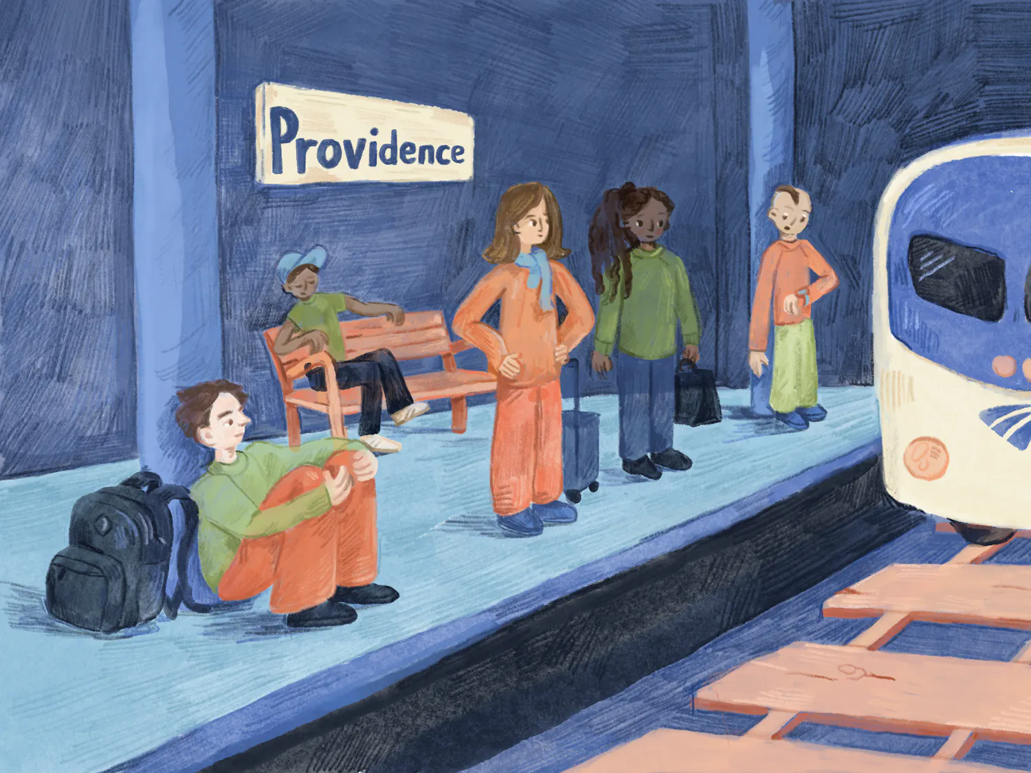 Illustration of people waiting for the Amtrak at a train station.