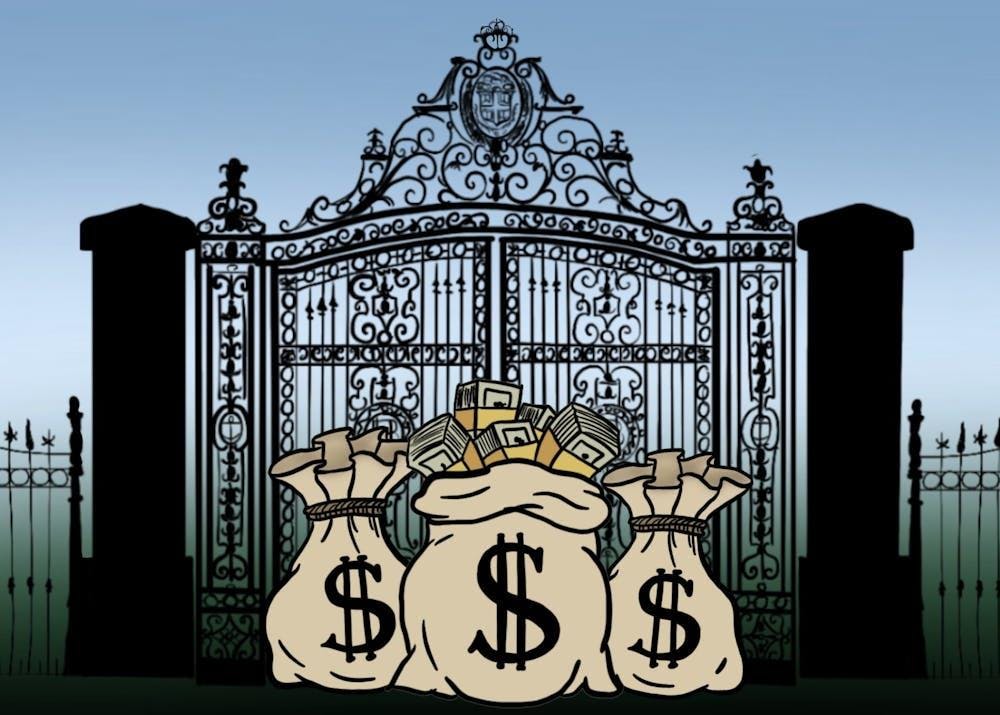 Illustration of bags of money in front of a silhouette of the Van Wickle Gates